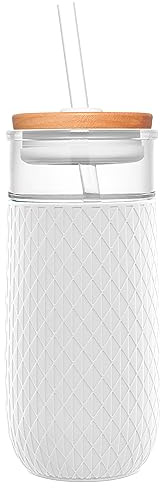 Ello Devon 18oz Glass Tumbler with Straw, Friction Fit Bamboo Wood Lid and Silicone Sleeve | Perfect for Iced Coffee, Tea, and Smoothies | White