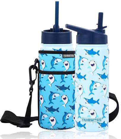 FAHRMOSIS 18 OZ Kids Water Bottle with Carrier Bag & Strap Leak Proof Metal Insulated Stainless Steel Tumbler with 2 Lids (Flip & Spout) for School & Sports Water Bottle with Straw - Blue (Shark)