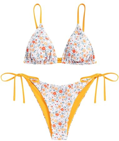 ZAFUL Damen Gepolstert Triangel Bikini Set, Reversible Blumenmuster Bikini Badeanzug mit Dreieck Cup Spaghetti-Träger (3-Gelb-Blumen,S)