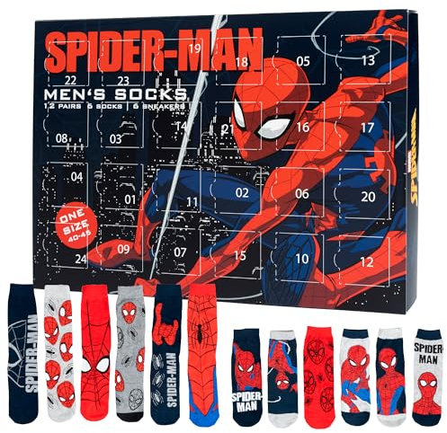 Marvel Spiderman Adventskalender mit 12 Paar Socken Größe 40-45 für Herren Weihnachtskalender mit Sneakers und langen Socken