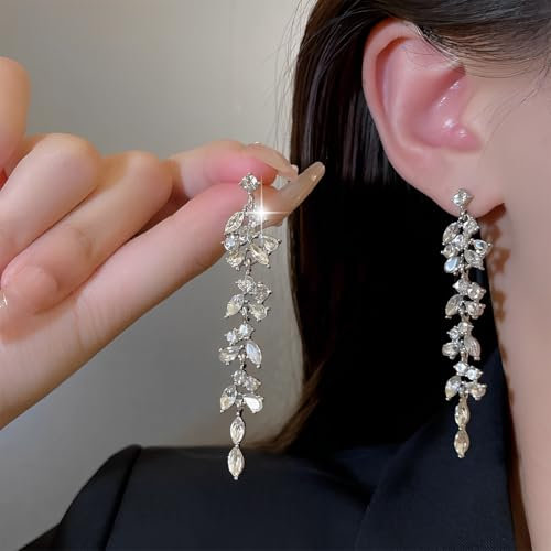 ZORVUJI Longues Boucles d'Oreilles en Strass, Pendantes, Lustre en Cristal, Bijoux de Mariage pour Femmes et Filles (Argenté)