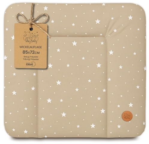 Wickelauflage Wickelunterlage abwaschbar und wasserdicht 85x72 cm - Wickelmatte zum Auflegen auf Wickeltisch Wickelaufsatz Wickelkommode oder Waschmaschine Oeko-Tex85 x 72 Beige mit Weiß Sternen