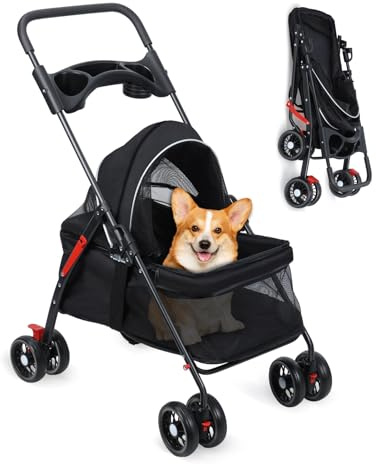 4 Wheels Dog Trolley with Shoulder Straps, Folding Pet Buggy for Small to Medium Dogs up to 10kg, Travel Stroller with Cup Holder & Breathable Mesh Storage Bag (Black)