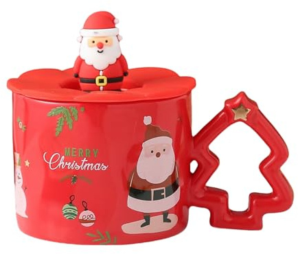 HUMOCHUSON Taza Te Taza De Cerámica Resistente Al Calor Con Asa De Árbol De Navidad, Apta Para Microondas, Con Paisaje Navideño - Papá Noel Rojo - 401-500 Ml
