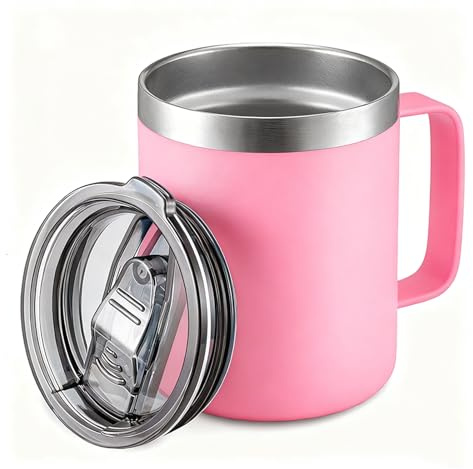 Senshuomy Thermal Mug, Insulated Mug with Handle and Sliding & Straw Lid, Leakproof Reusable Double Walled Vacuum Stainless Steel Travel Camping Coffee Cup,Dishwasher Safe (Pink/12oz)