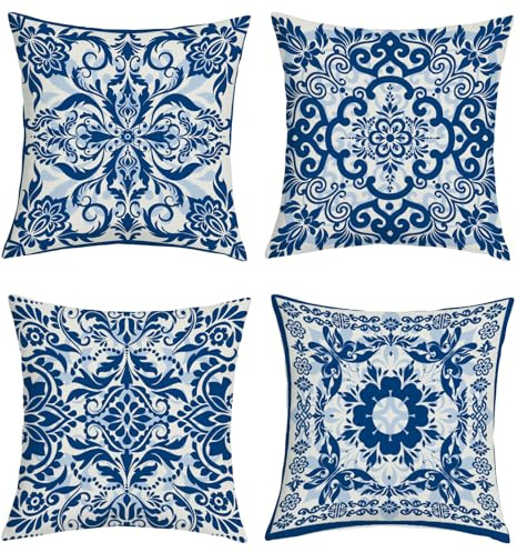 Joymaison Federe per Cuscini Divano 45x45 Set di 4 Cineserie Blu Fiori Federa Copri Cuscino Retrò Blu Floreale Geometria Federe Confezione Copricuscini Quadrati per Camera da Letto Divano