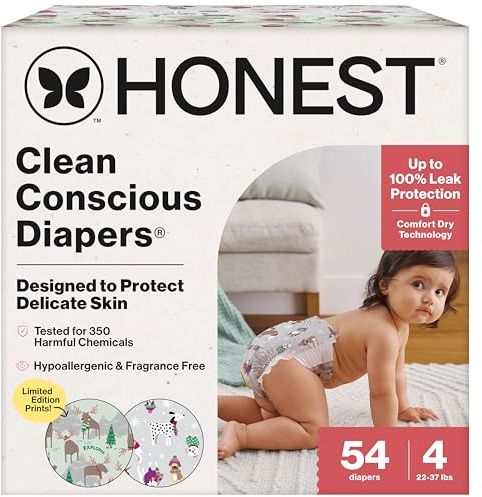 The Honest Company Clean Conscious Diapers for Delicate Skin | Up to 100% Leakproof | Hypoallergenic, Fragrance Free | Winter '25 Limited Edition Prints | Club Box, Size 4 (22-37 lbs), 54 Count