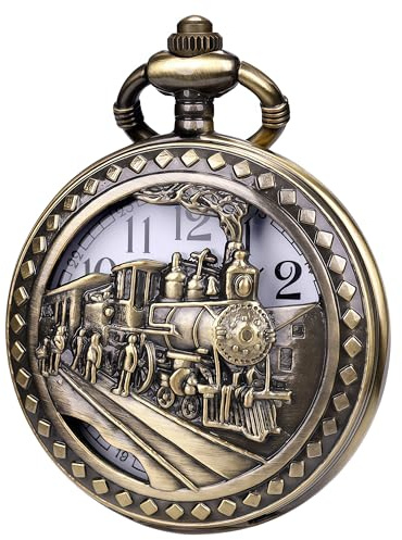 DerMacht Pocket Watch with Chain Oversized 50MM 1.97Inch Quartz Steampunk Hollowed Train Bronze for Cosplay Christmas Valentine's Day Birthday Gifts Fathers Day