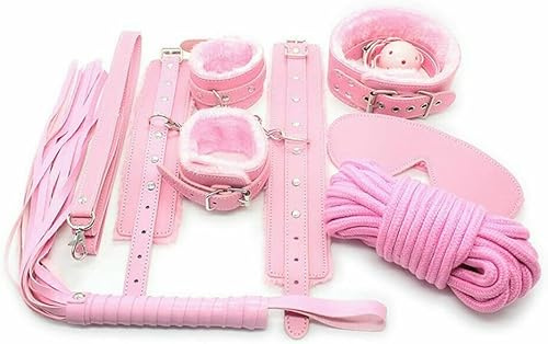 7PCS BDSM Sex Bondage Restraint Kit for Couples – PU Leather Handcuffs, Ankle Cuffs, Collar, Rope, Whip & Blindfold – Adult Sex Toy Set with Discreet Packaging (Pink)