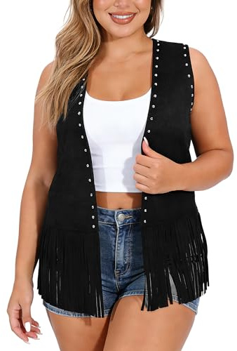 TRIWORKS Plus Size Women's Fringe Vest, 70s Faux Suede Sleeveless Tassel Jacket, Cowgirl Outfits for Women L-4XL