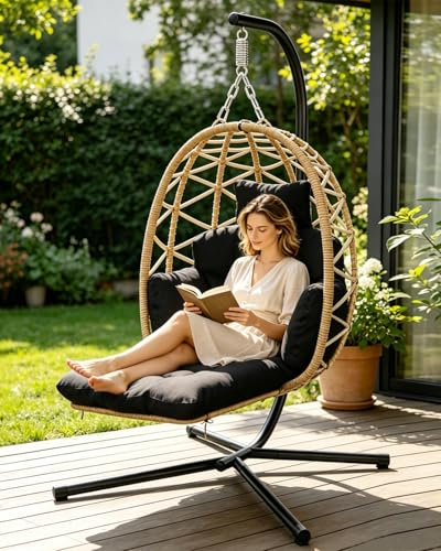 Silla colgante con estructura para exteriores, cesta colgante con reposapiés y cojín grueso, silla colgante de ratán con estructura de metal, silla colgante para interior, jardín, balcón, terraza