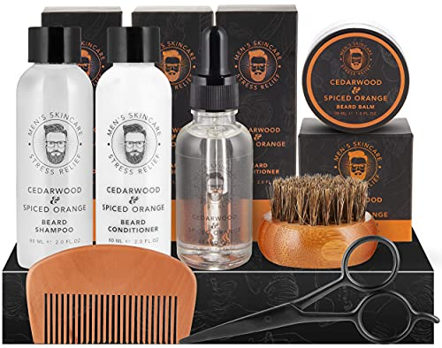 BRUBAKER 7-tlg. Bartpflege Geschenk Set mit Bartshampoo, Bart Conditioner, Bartöl, Bartbalsam, Bartbürste, Bartkamm, Bartschere - Bartwuchsmittel Männer Geschenk für den Liebsten oder Papa