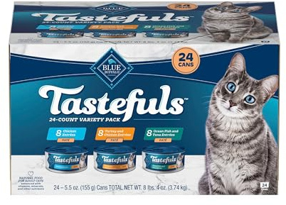 Blue Buffalo Tastefuls Wet Cat Food Paté Variety Pack, Made with Natural Ingredients, Chicken, Turkey & Chicken, Ocean Fish & Tuna Entrées, 5.5-oz Cans (24 Count, 8 of Each)