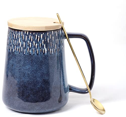 Grandes Tasses à Café En Céramiques, 24 Oz / 700 Ml De Grandes Tasses Supplémentaires, Couvercle Assorti Et Cuillère, Pour Cappuccino, Latte, Cacao Chaud Ou Don De Time Chaud (24 oz Blue Set)