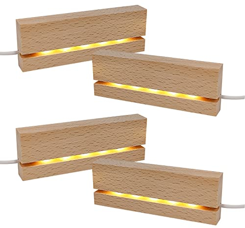 CDIYTOOL 4Pcs LED Lights Display Base, 11cm Long Mini Warm Color Rectangular Wooden Lighted Base Stand for 3mm Thick Acrylic Plate Glass Plate Resin Art