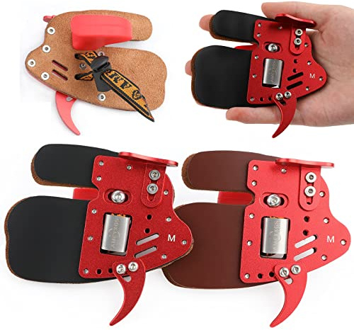 surwoif Finger Tab Bogenschießen Fingerlasche Einstellbare Rindsleder-Bogenschießen-Fingerschutz S&M&L&XL-Größe für Recurvebogen-Schießübungen (ROT, S)