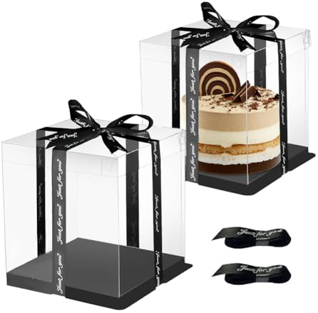 2 Stück Tortenbox Tortenkarton Tortenschachtel - 30 x 30 x 25 cm Cake Box mit Sockel und Band, Kuchen Transportbox Kuchentransportbox, Geschenkbox Durchsichtig für Geburtstag Dessert (Schwarz)
