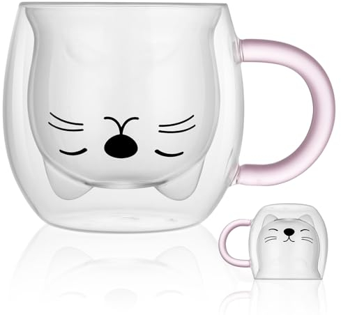 Vicloon Vasos de Doble Pared,Tazas de Café de Cristal con Asa,Tazas de Vidrio Borosilicato,Lindas Tazas de Gato Lindo de Las Tazas,Vasos de Doble Pared Transparente para Té,Café,Leche,Latte,Macchiato