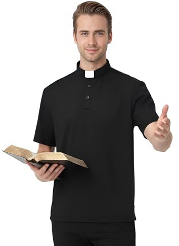ANDHOM Camisa polo de manga corta con cuello de lengüeta para hombre, para pastor, ministro, predicador, Negro, 48