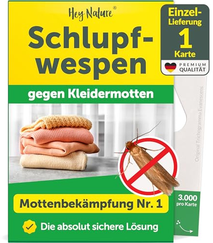 Hey Nature Schlupfwespen gegen Kleidermotten, 1 x 1 Karte. Natürlich & effektiv Kleidermotten bekämpfen mit Schlupfwespen gegen Motten. Mottenschutz alternativ zu Mottenkugeln, Mottenspray & Lavendel
