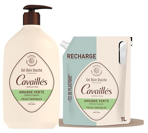 Gel de baño de ducha – Almendra verde | Protege y regenera la piel | Limpia suavemente | Piel sensible | Sin jabón| Paquete: gel de ducha 1L + eco-recarga 1L