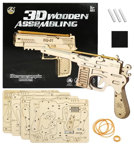 CutitiUU Puzzle en Bois 3D modèle assemblé de Pistolet Mauser,Pistolet en Bois en Caoutchouc pour Enfants,Puzzle 3D en Bois Maquette en Bois a Construire Jouets avec élastiques (B)
