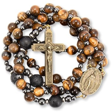 Nazareth Store Rosary Beads for Men, Catholic Rosary Necklace with Miraculous Medal and Cross, Tiger Eye Beads Strong Cross Necklace in Portable Gift Box