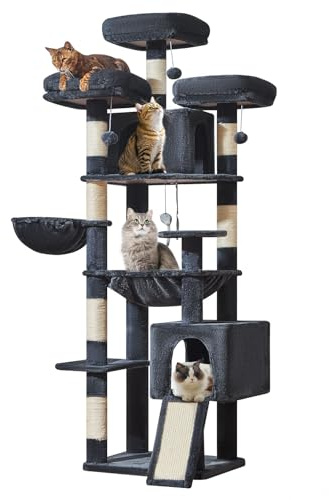 Taoqimiao Arbre À Chat XXL 193 cm, 3 Plateformes Grandes avec Coussins | Tour de Jeux pour Chats, 2 Grandes Niches, Hamac, Panier, Panneau À Griffer, 7 Griffoir Sisal, MS047G Gris Foncé