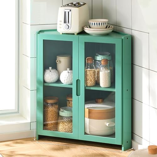 Hocher Eckschrank aus Bambus – multifunktionales, freistehendes Küchenregal mit doppelt offenen Acryltüren für Geschirraufbewahrung und platzsparende Aufbewahrung