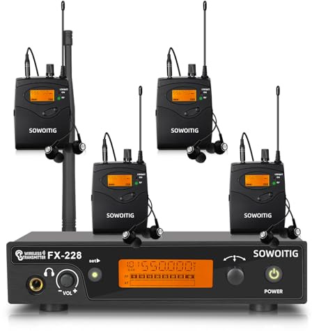 SOWOITIG Sistema di monitoraggio in-ear wireless – Sistema professionale UHF IEM (mono) con trasmettitore in metallo per montaggio su rack, 4 ricevitori Bodypack con auricolari