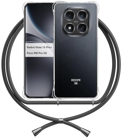ANFAIRLACE Funda Cuerda Compatible con Xiaomi Redmi Note 15 Pro Plus/Poco M8 Pro 5G, Carcasa Transparente Clear Silicona Esquinas Reforzadas Anti Amarillo Cordón Cover, Negro