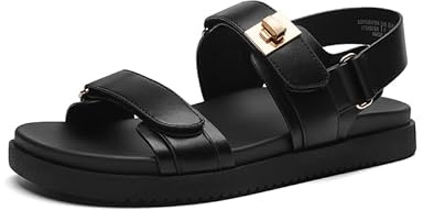 DREAM PAIRS Womens Flat Walking Sandals Arch Support | Wide straps with twist-lock metal accent, adjustable hook-and-loop, skin-friendly smooth lining, TPR slip-resistant sole