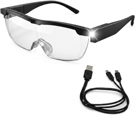 Magnifying Glasses with Light for Close Work and Hobbies, 1.6X Magnification Spectacles for Reading, USB Rechargeable LED Lighted Magnifying Eyewear, Anti Blue Light Hands-Free Head Magnifier