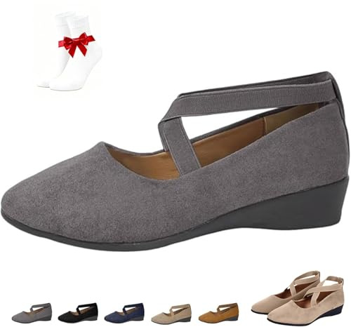 Ballerinaskor Dam med Låg Kilklack, Slip-On Damskor med Korsade Elastiska Remmar, Rund Stängd Tå för Kontor Bröllop Fest och Vardagsbruk