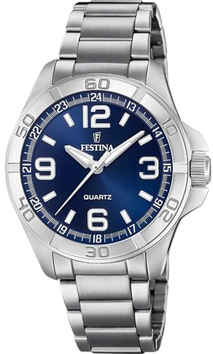 Festina Montre Homme Analogique en Acier Inoxydable 316L Argenté - Mouvement Quartz - Verre Minéral Haute Résistance - Étanche 5 ATM F20434/2 Special Prices