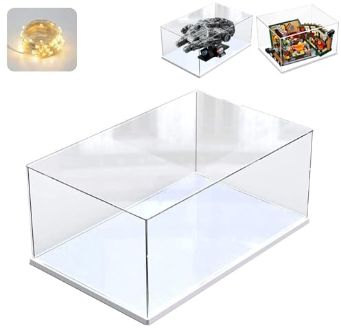 Acryl Vitrine Plexiglas Box Acrylbox Schaukasten Transparent für Lego Millennium Falcon 75375 für Lego Friends Cafe 21319 42204 76274, Display Case Cabinet für Autos mit Led, Weiß Innen 35x25x15 cm