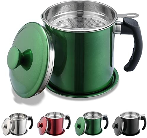 Kyraton Récipient à graisse de bacon avec passoire, 1.4 l, en acier inoxydable, revêtement vert, poignée facile à saisir, convient pour stocker l'huile à frire et la graisse de cuisson