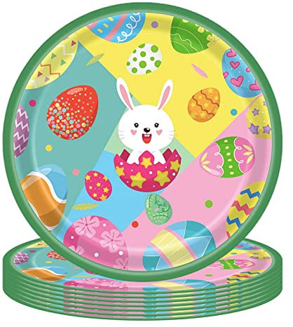 POPOYU 16PCS Assiette en Papier de Pâques Vaisselle de Fête, 9 Pouces Happy Easter Assiette Lapin Décoration de Table, Lapin Vaisselle de Fête pour Enfants Dessert Pâques Gâteau Assiette à Biscuits