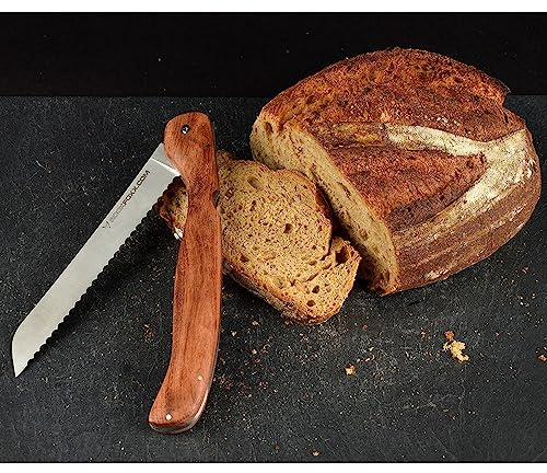 FOXXKNIFE Klappmesser Brotmesser Taschenmesser groß 18,5cm Klinge, mit Lasergravur, Wurzelholzgriff, scharfer Wellenschliff, Ideal für Camping, Offroad, Abenteurer im Wohnmobil, Inkl. Hardbox