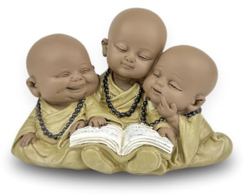 Statue 3 Buddhas Bonze Reading - Inspirational and Cheerful Figure - Lucky Charm Positivity Concentration - H 9 cm - Zen'Light, Brown & Beige