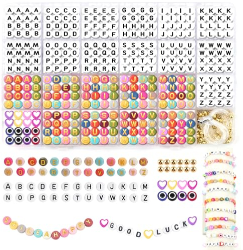 Liangding Buchstabenperlen, 980 Stück 7 mm Weiße Bunte A-Z Alphabet Perlen Buchstaben, Perlen Set zum Auffädeln Letter Beads Armbänder Selber Machen Liebe und Evil Eye Perlen für DIY Schmuck Basteln