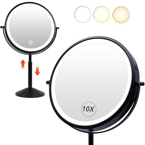 TUSHENGTU 23 cm (9 tum) justerbar sminkspegel med ljus, svart 10x förstoringsspegel, sminkspegel för skrivbord, LED-uppladdningsbar (940B10X)