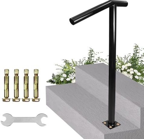 Single Post Handrail, 1-2 Step Handrails-Outdoor Stair Rail-Single Post Wrought Iron Handrail with DIY Tool Kit, 38 H Black Hand Rail Powder Coating for Concrete Steps or Wood Stairs