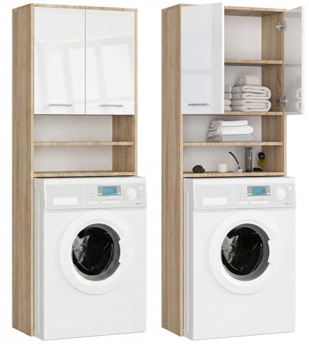 Home Collective Mobile da bagno per lavatrice - 64 x 180 cm, Sonoma bianco lucido - Pannello laminato di alta qualità, ampio spazio di archiviazione con 4 ripiani, bordi in ABS, maniglie argentate