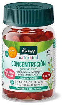 Kneipp Gummies Niños Concentración, Vitaminas A, D, E, C B3, B5, B6, B12, Ácido Fólico, Iodo, Aceite de Linaza: Omega 3, 6 y 9, Rendimiento Intelectual, Sistema Nervioso, Sabor Naranja, 30 Gominolas