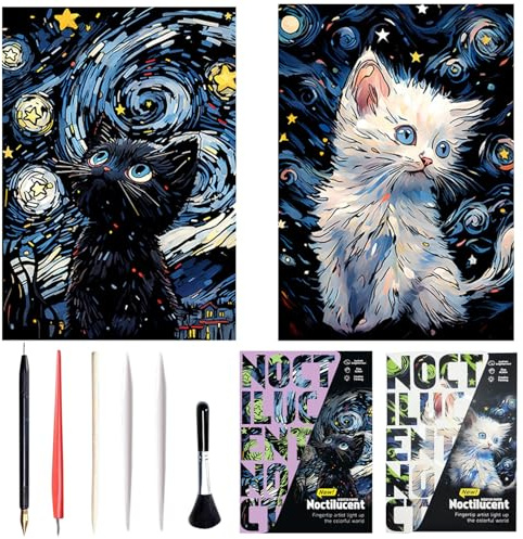 Georgie Porgy Scratch Art Kitt per Bambini Adulto Magic Rainbow Carta AntiGraffio A3 A4 Cartolina per Natale Regalo di Compleanno (A3-Noctilucent Gatti)