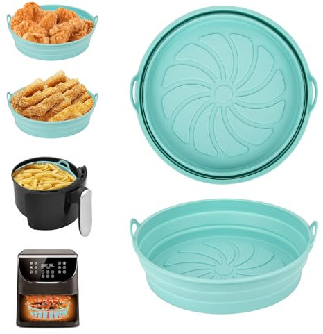Alyvisun Moule Silicone Air Fryer, 2 Pièces Moule Accessoire pour Airfryer Réutilisable Panier Friteuse à Air Chaud Plat Pot Ronde Pliable Doublure Liner pour Friteuse Air, Micro-ondes, Four (Bleu)