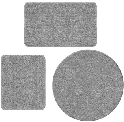 Ceneco Badezimmerteppich Set 3 Teilig,Grau Badematte rutschfest Waschbar, Mikrofaser Badvorleger+Saugfähige Badezimmer Teppiche+Badteppich Rund(Grau,80cm Rund+50x60cm+50x80cm)
