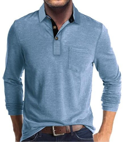 Camisa polo informal de manga larga y corta para hombre, con botones, clásica, de algodón, cuello de trabajo, elegante, camisa de golf con bolsillo, azul claro, Medium