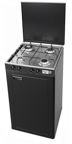 Parker 541GSPGP/C - Hornillo de cocina de gas GLP con 4 fuegos, doble corona, 3,5 kW, color gris grafito y placa de acero inoxidable con mueble para bombona, fabricado en Italia